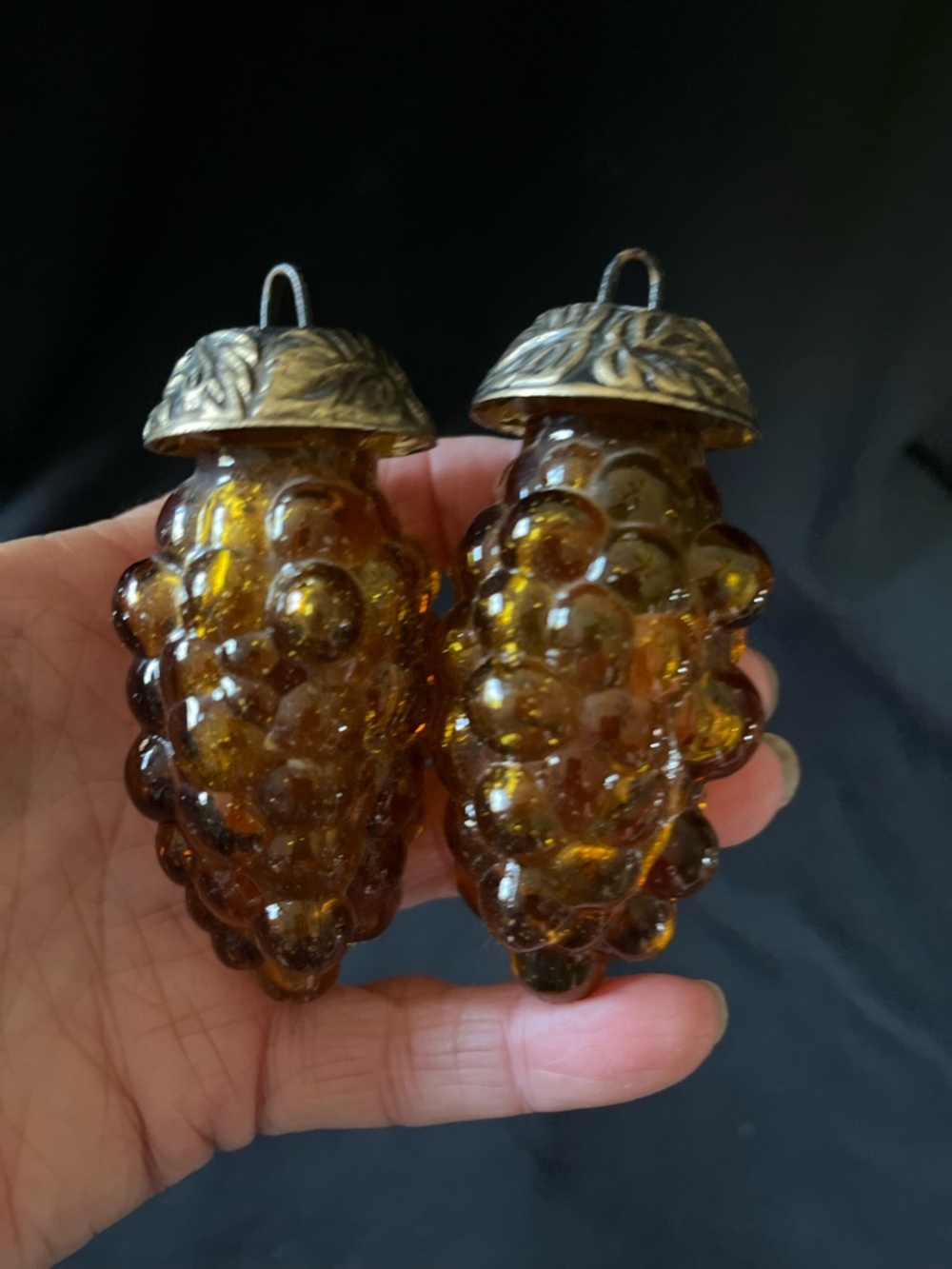 Amber Grape Cluster Glass Hanging Hobnail Salt and Pepper no hanger